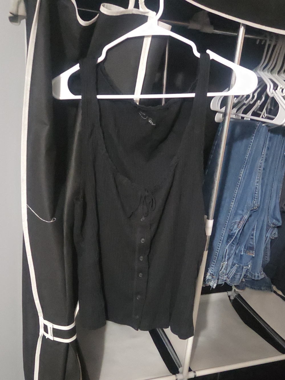 aerie Black Ribbed Button-Front Tank with Neck Tie